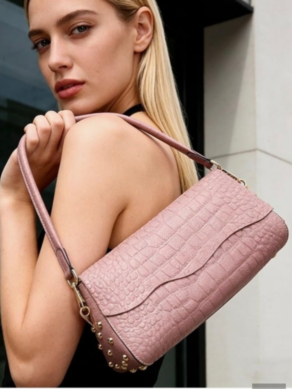 Leather Croc-Textured Shoulder Bag in Dusty Rose